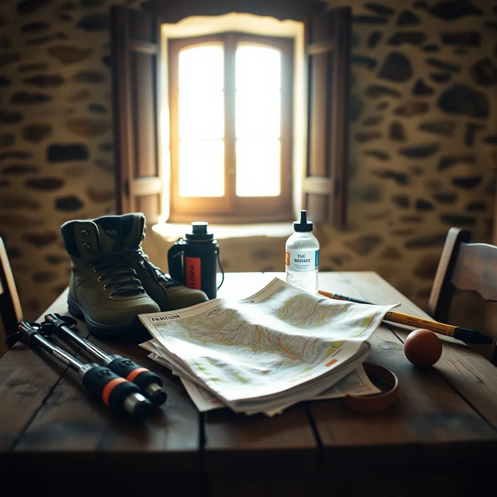 L'équipement essentiel du randonneur préparé sur la table d'un gîte rural