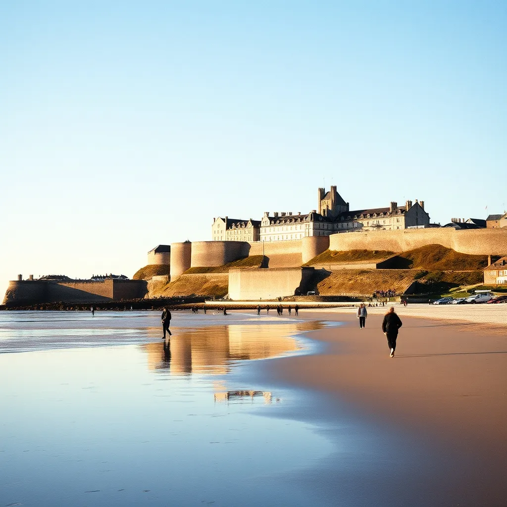 Saint-Malo et ses remparts vus depuis la plage du Sillon à marée basse