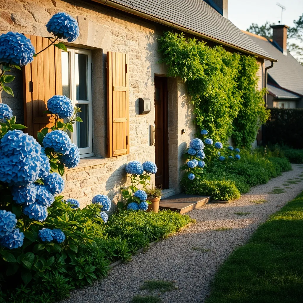 Un gîte rural typique de la campagne bretonne, entouré d'hortensias en fleur