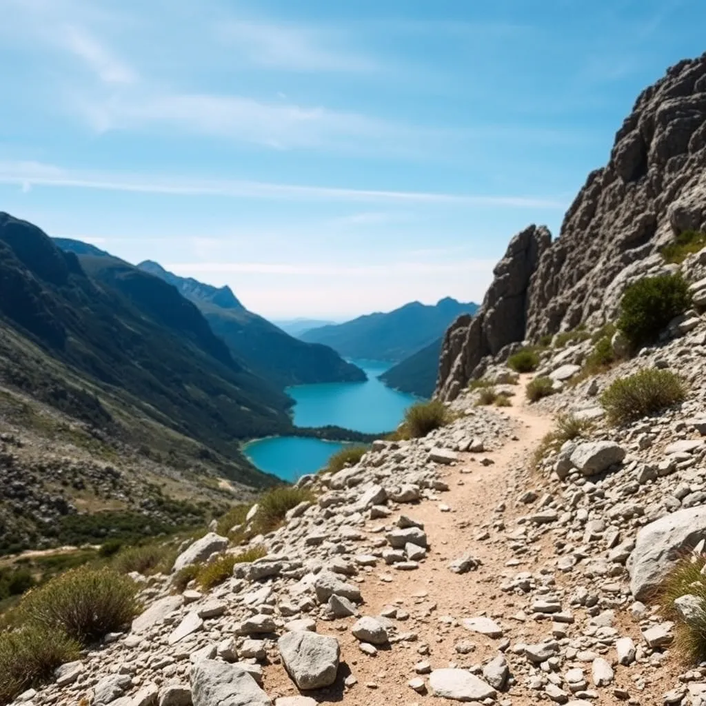 Sentier rocheux du GR 20 en Corse avec lac de montagne en contrebas