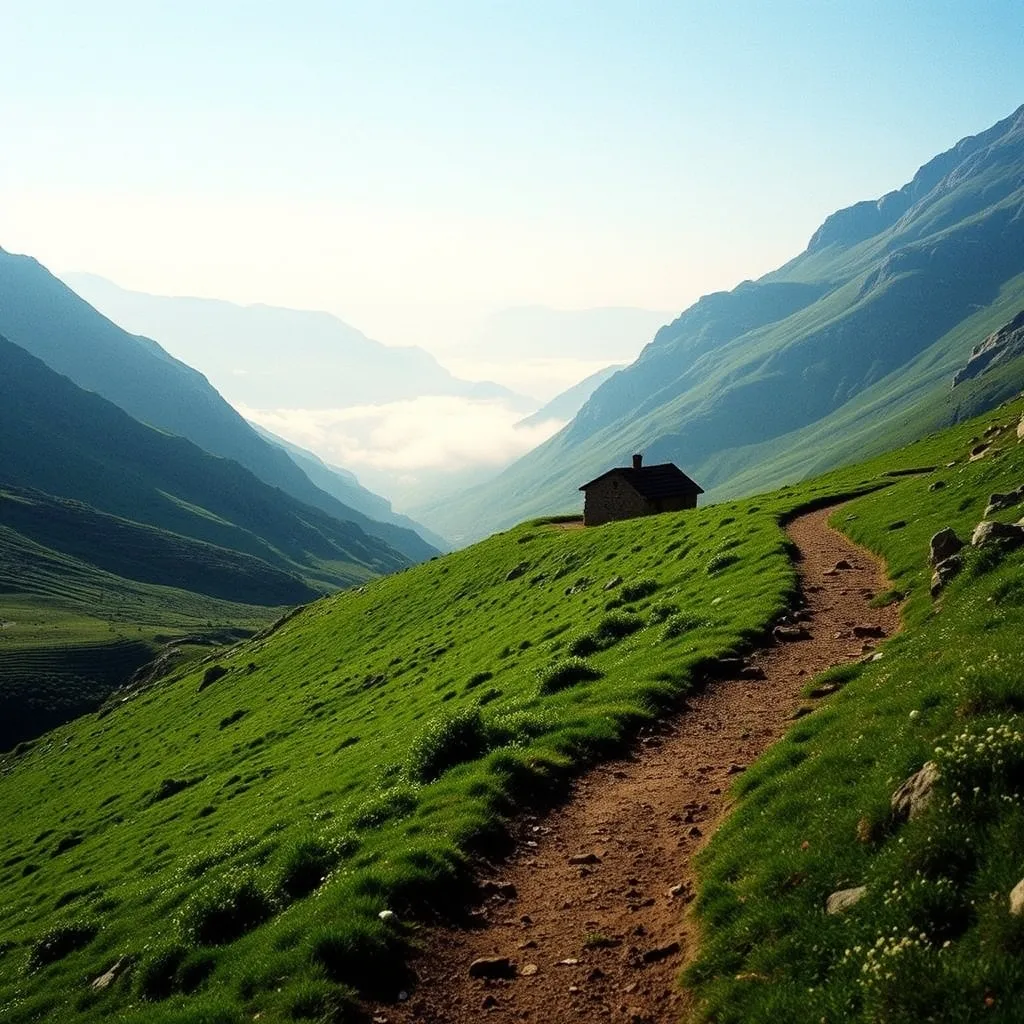 Sentier de grande randonnée balisé dans les Pyrénées françaises au petit matin
