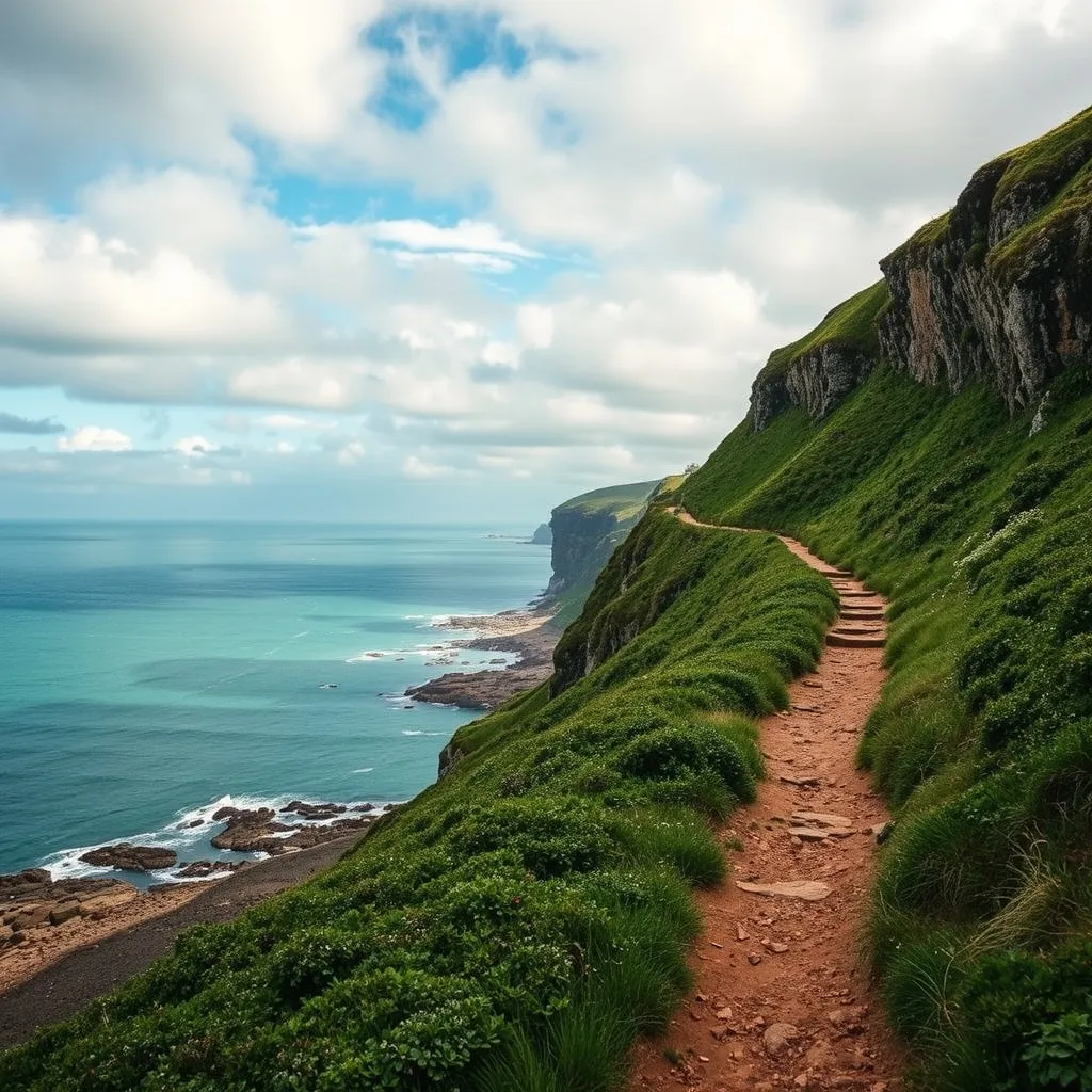 Sentier côtier du GR 34 longeant les falaises bretonnes au-dessus de la mer