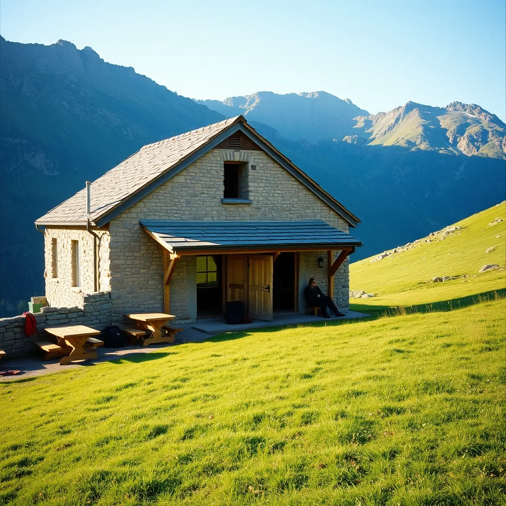 Refuge de montagne en pierre dans les Pyrénées où les randonneurs font une halte