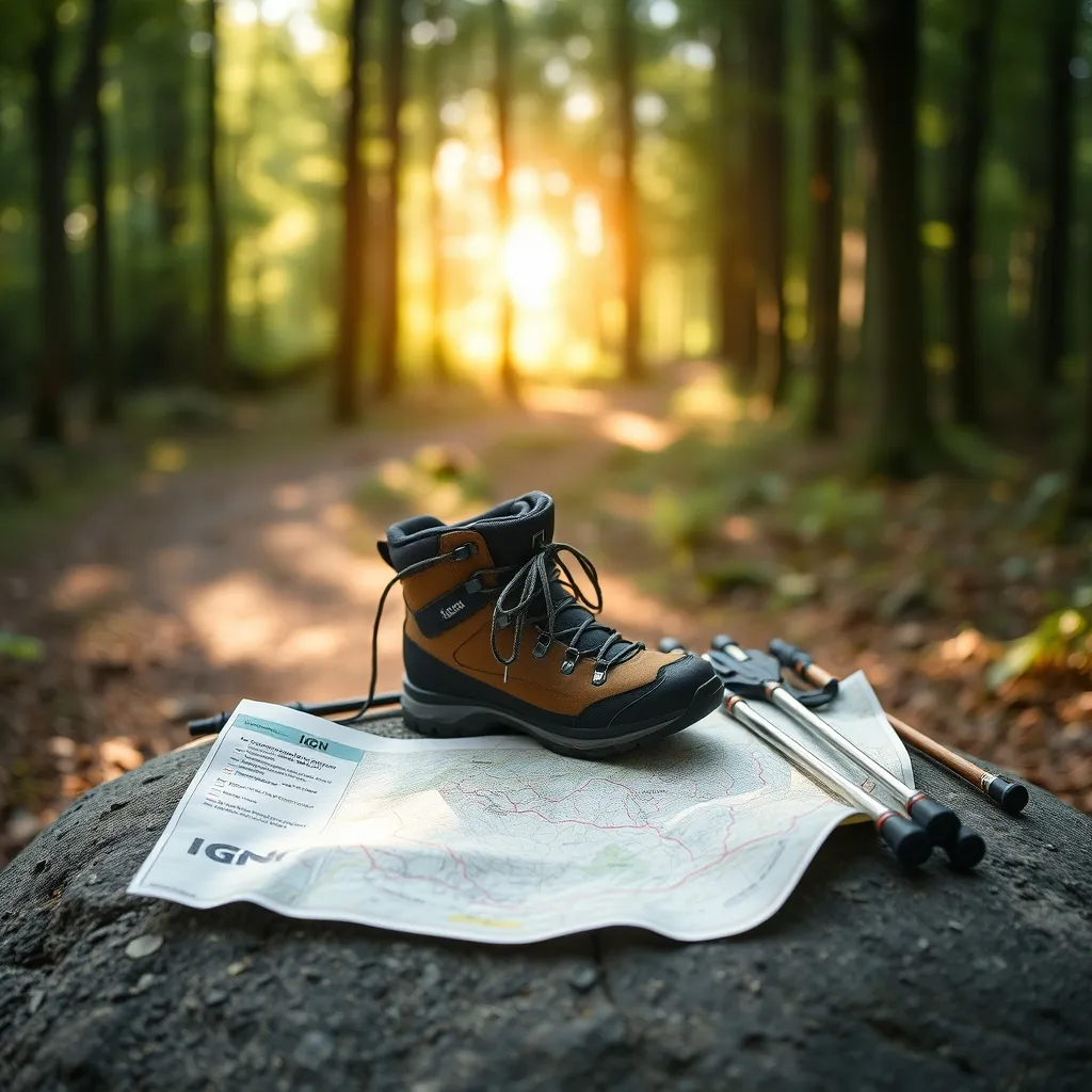 Chaussures de randonnée et carte IGN posées sur un rocher en bordure de sentier forestier