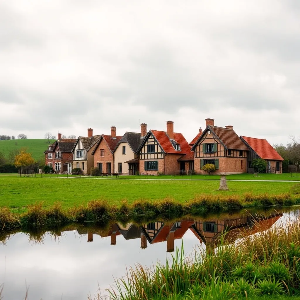 Maisons solognotes en briques et colombages au bord d'un étang