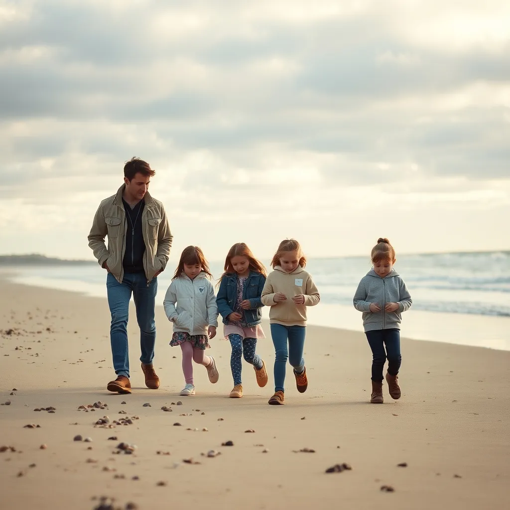 Balade en famille sur une plage bretonne en avril, entre éclaircies et embruns