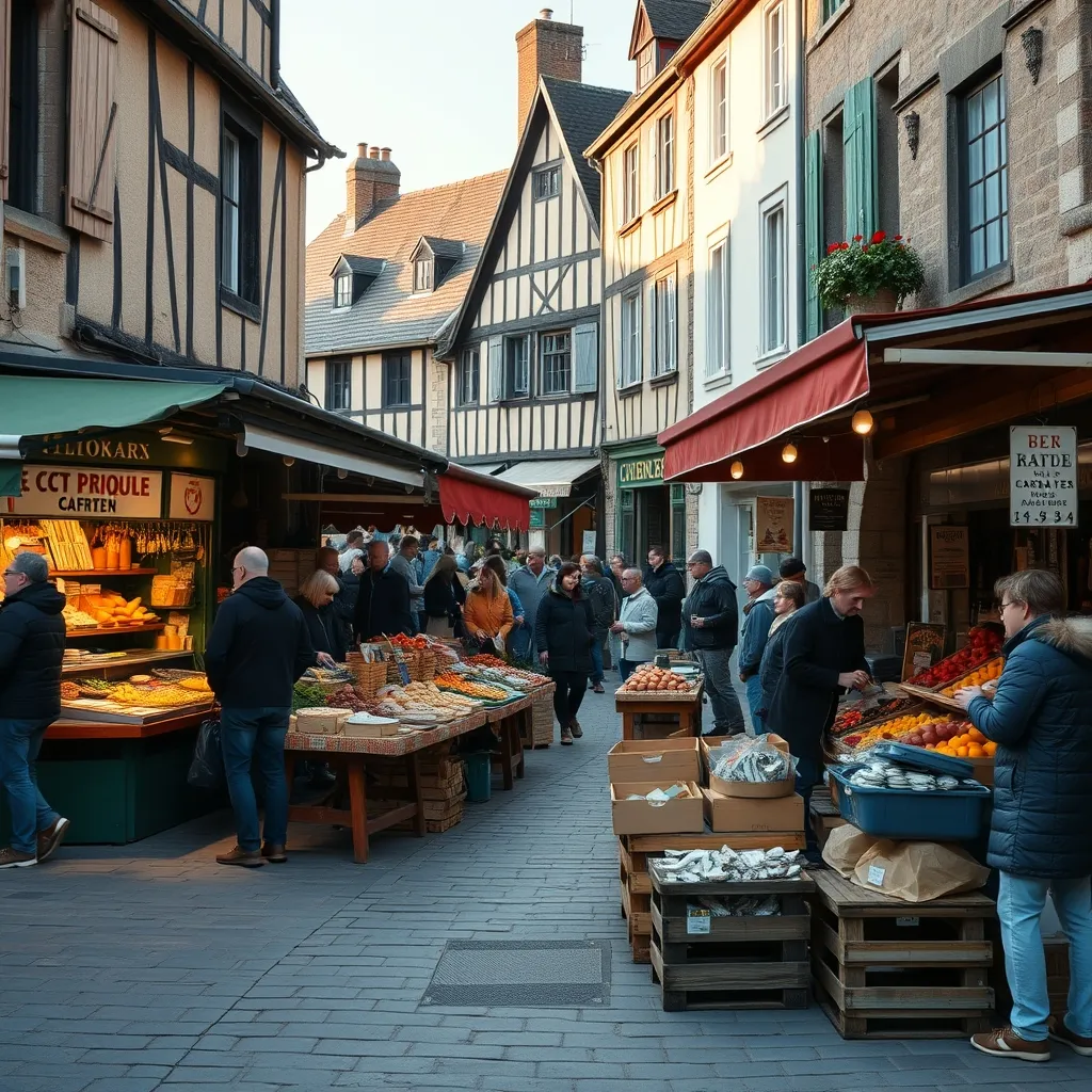 Un marché breton traditionnel au printemps, entre produits de la mer et spécialités locales