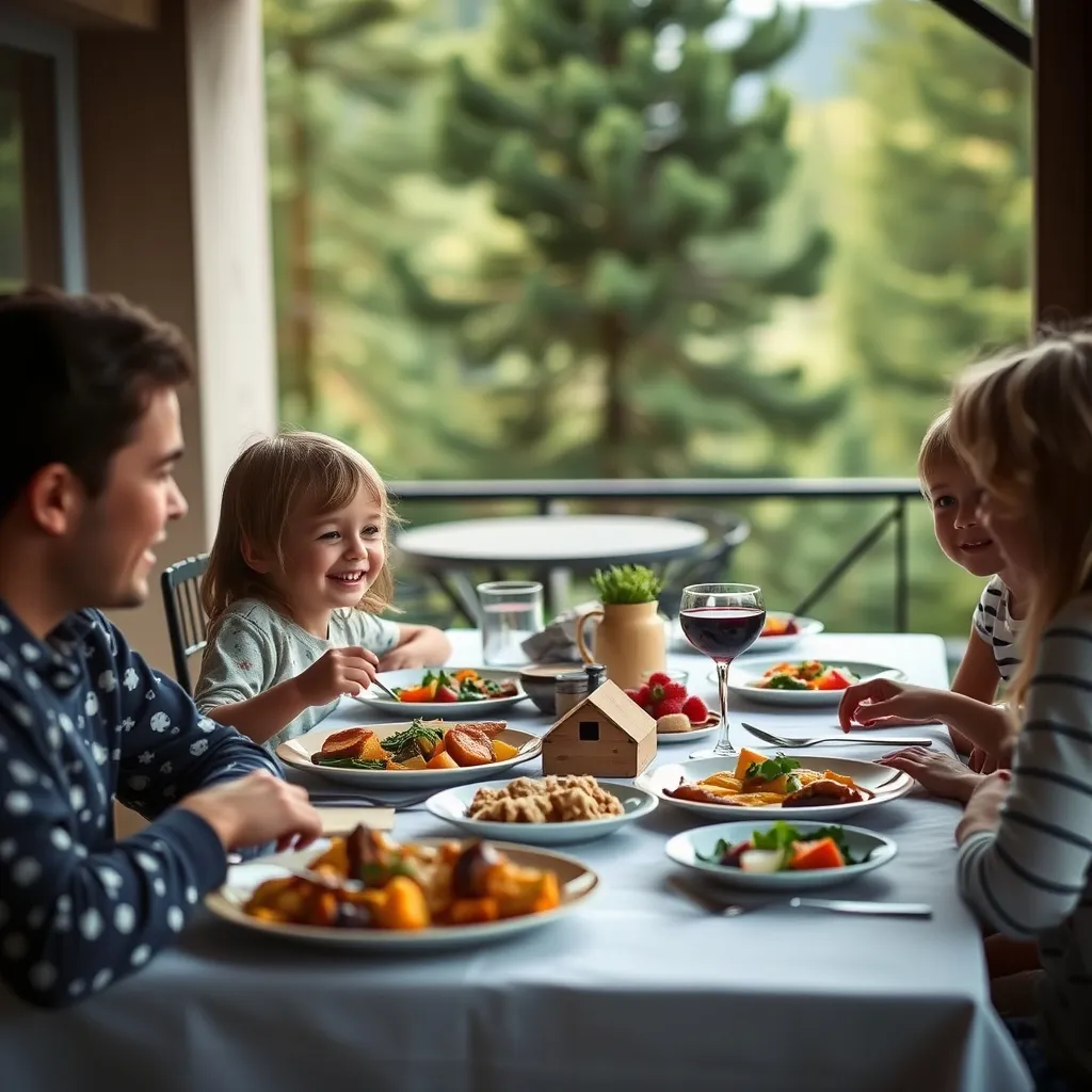 Repas en pension complète sur la terrasse d'un village vacances familial