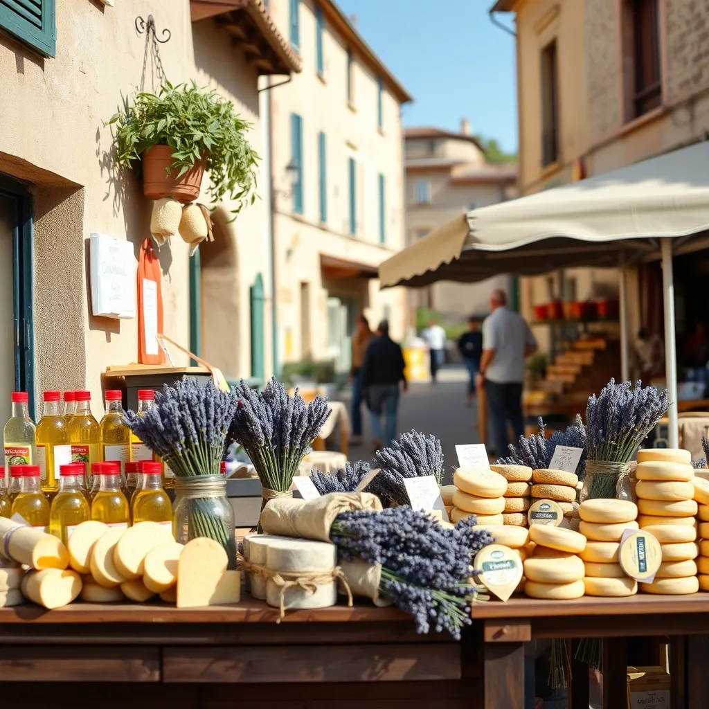 Étal du marché de Nyons avec huile d'olive, lavande et fromages de chèvre locaux