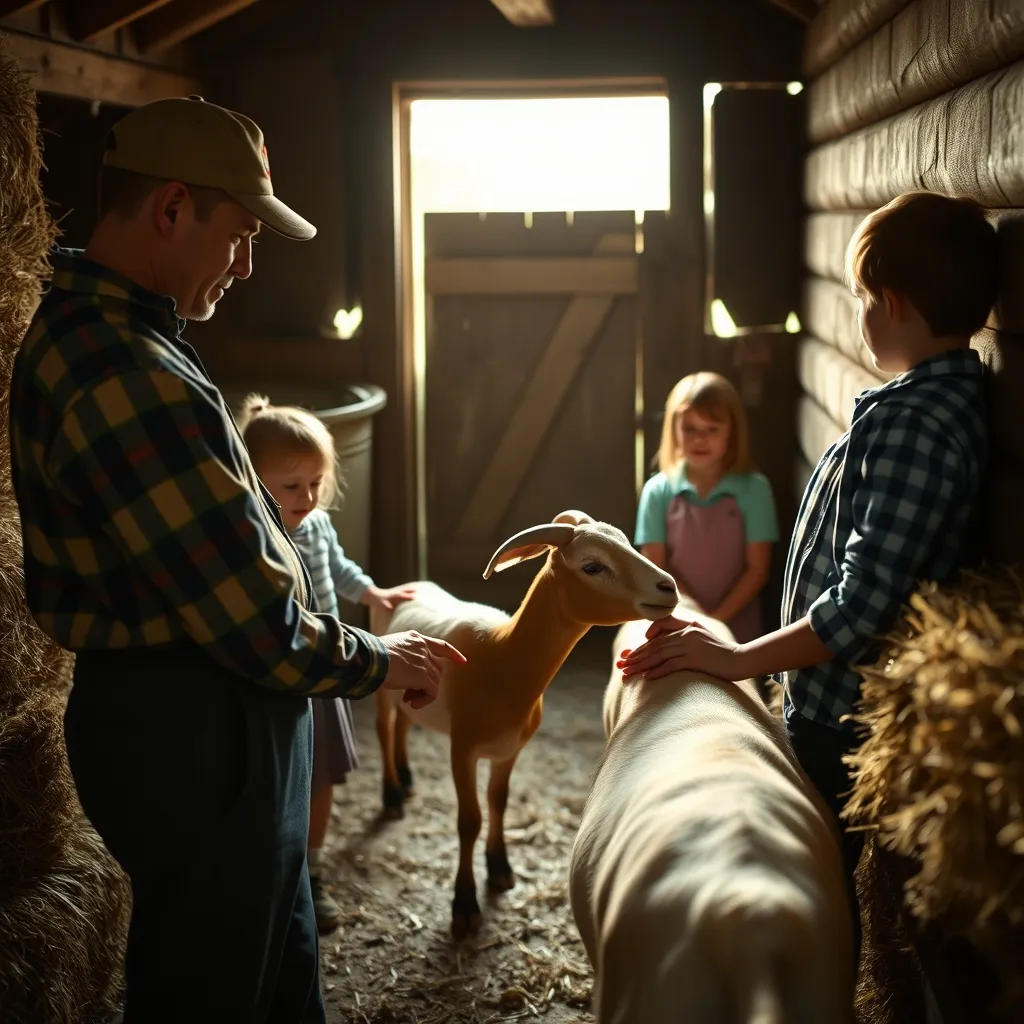 Un paysan partage la traite des chèvres avec une famille en séjour à la ferme