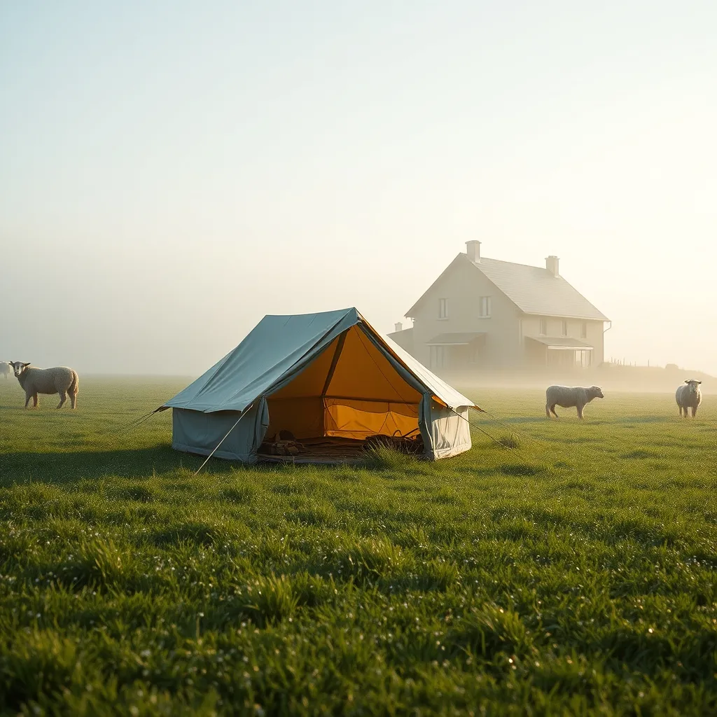 Camping à la ferme au petit matin, quelques emplacements au calme près du troupeau