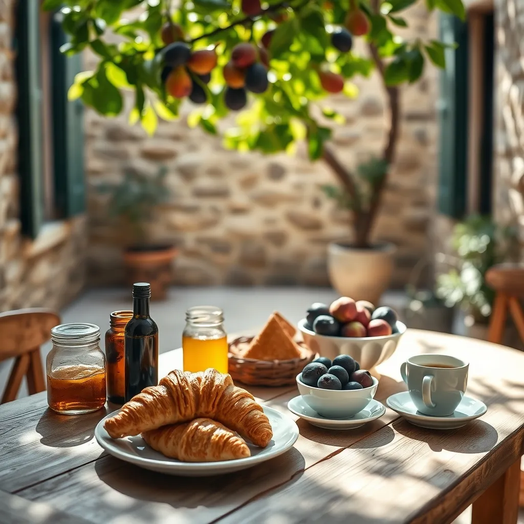 Petit-déjeuner aux produits locaux servi dans la cour intérieure d'une chambre d'hôtes arlésienne