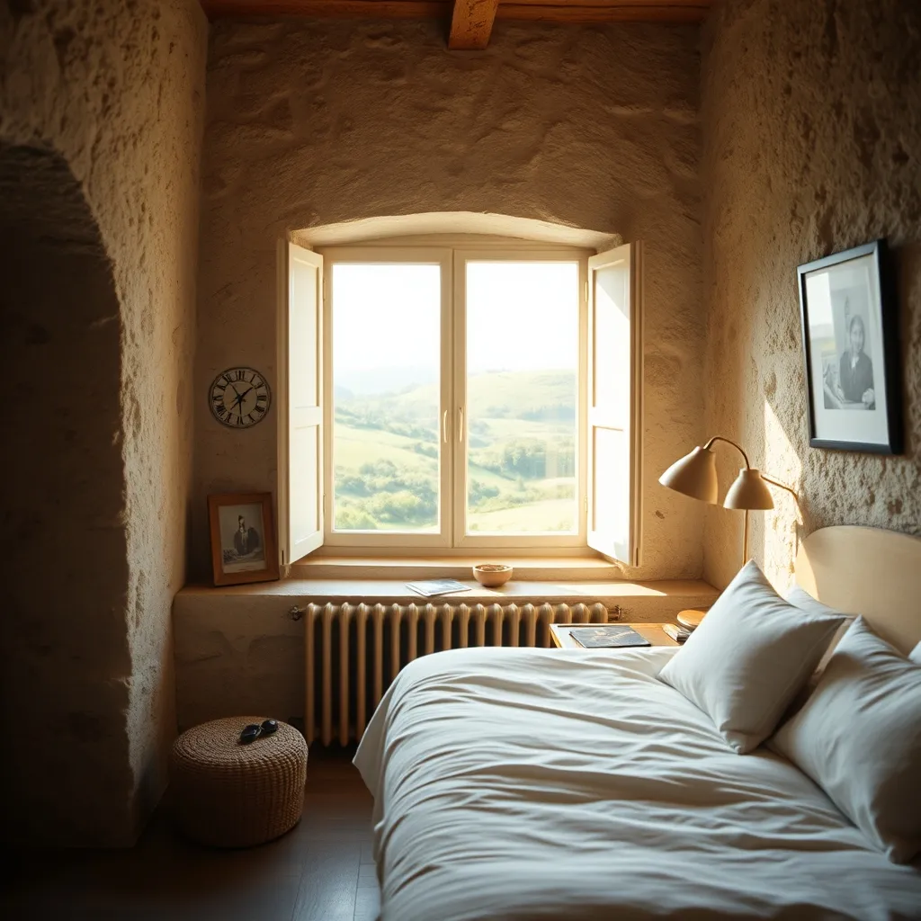 Chambre d'hôtes de charme avec murs en pierre et vue sur les collines auvergnates