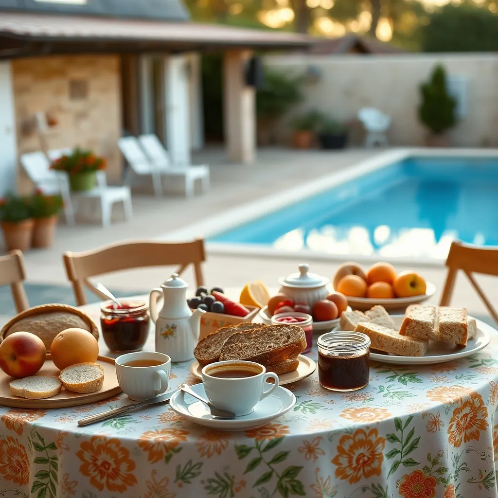 Petit-déjeuner maison servi en terrasse près de la piscine d'une chambre d'hôtes provençale
