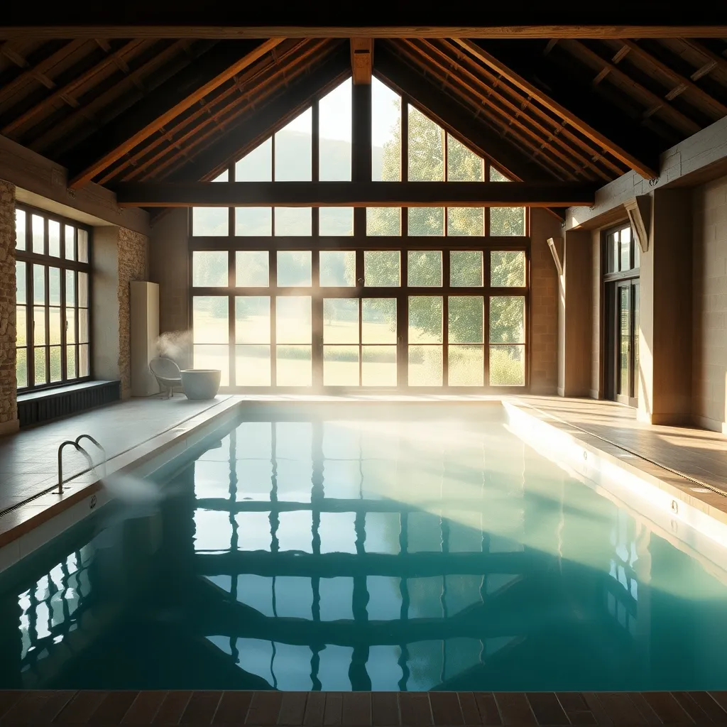 Piscine intérieure chauffée dans une longère normande rénovée avec poutres apparentes