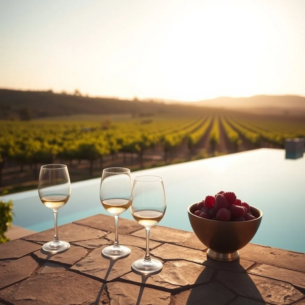 Piscine à débordement surplombant les vignes dans le vignoble bordelais