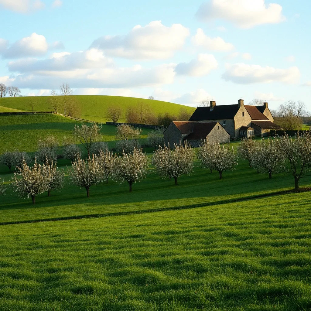 Paysage bocager du Calvados avec vergers de pommiers et ferme normande