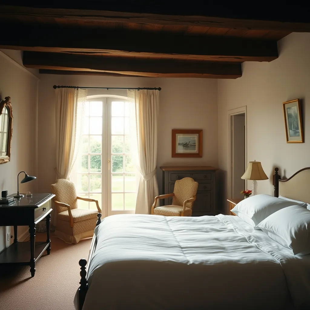 Chambre d'hôtes de charme avec poutres apparentes et literie soignée
