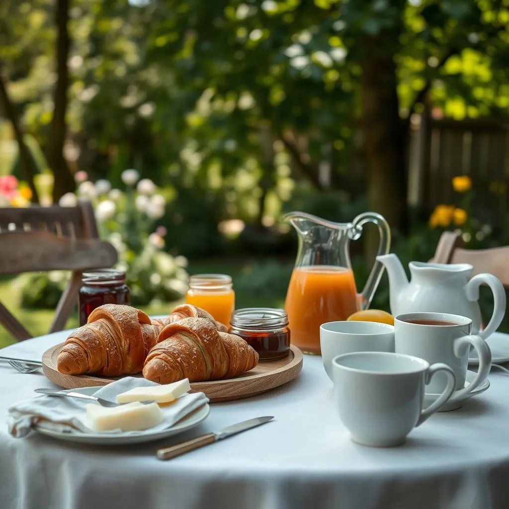 Petit-déjeuner normand servi au jardin avec produits du terroir