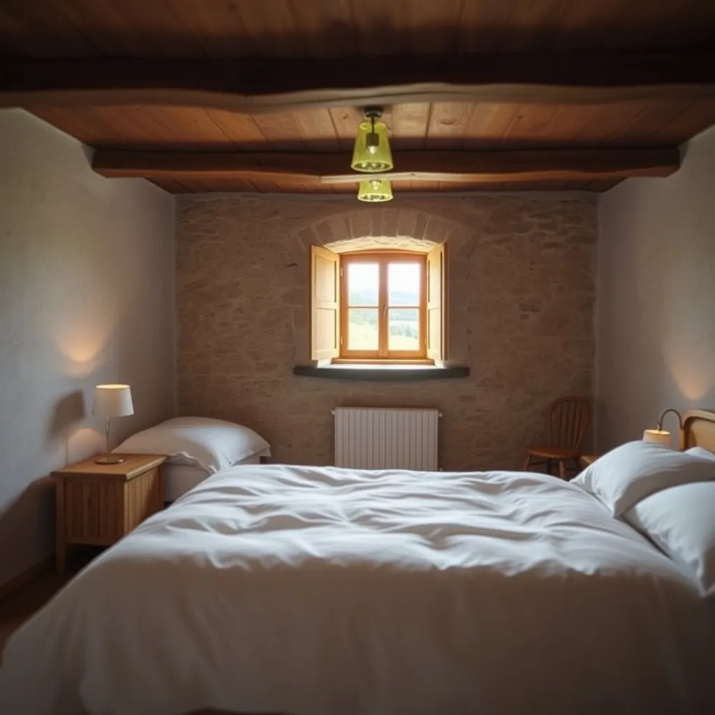 Intérieur chaleureux d'une chambre d'hôtes cantalienne restaurée dans une ferme traditionnelle