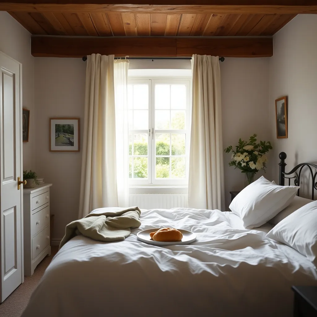 Chambre d'hôtes de charme avec poutres apparentes et literie soignée près de Carnac