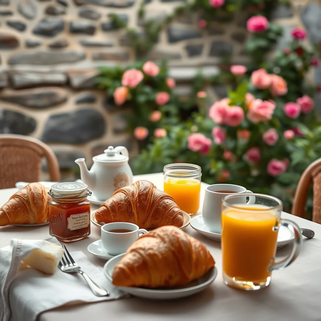 Petit-déjeuner fait maison servi au jardin dans une chambre d'hôtes bretonne
