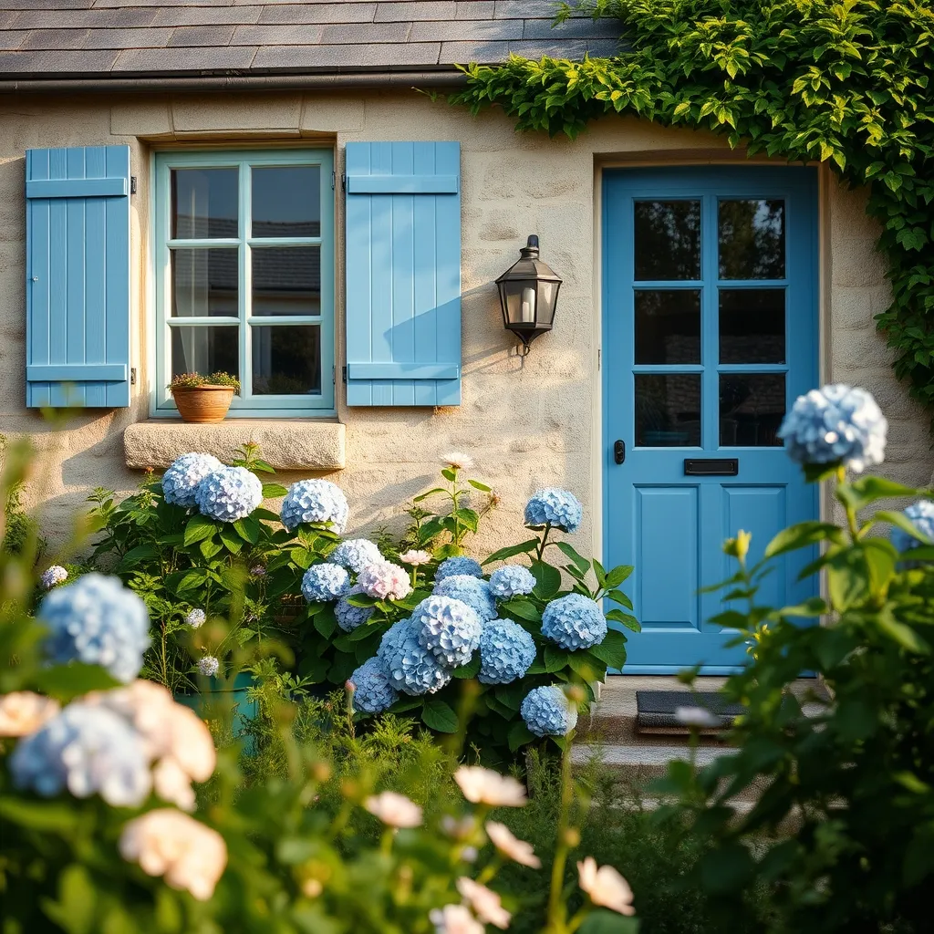 Maison d'hôtes typique en pierre de granit avec ses hortensias, caractéristique du Finistère Sud