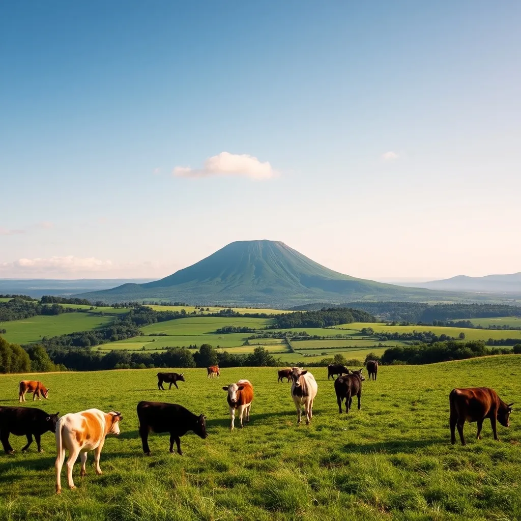 Vue panoramique sur le puy de Dôme depuis les pâturages environnants
