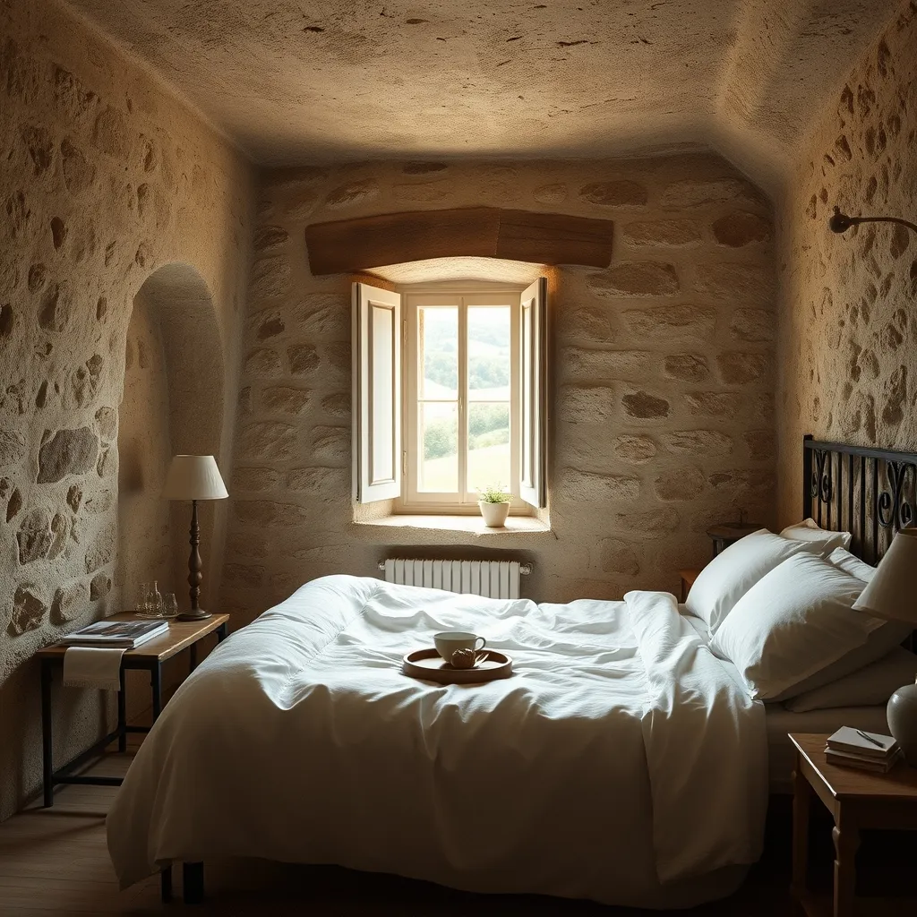 Chambre d'hôtes de charme avec murs en pierre et vue sur la campagne auvergnate
