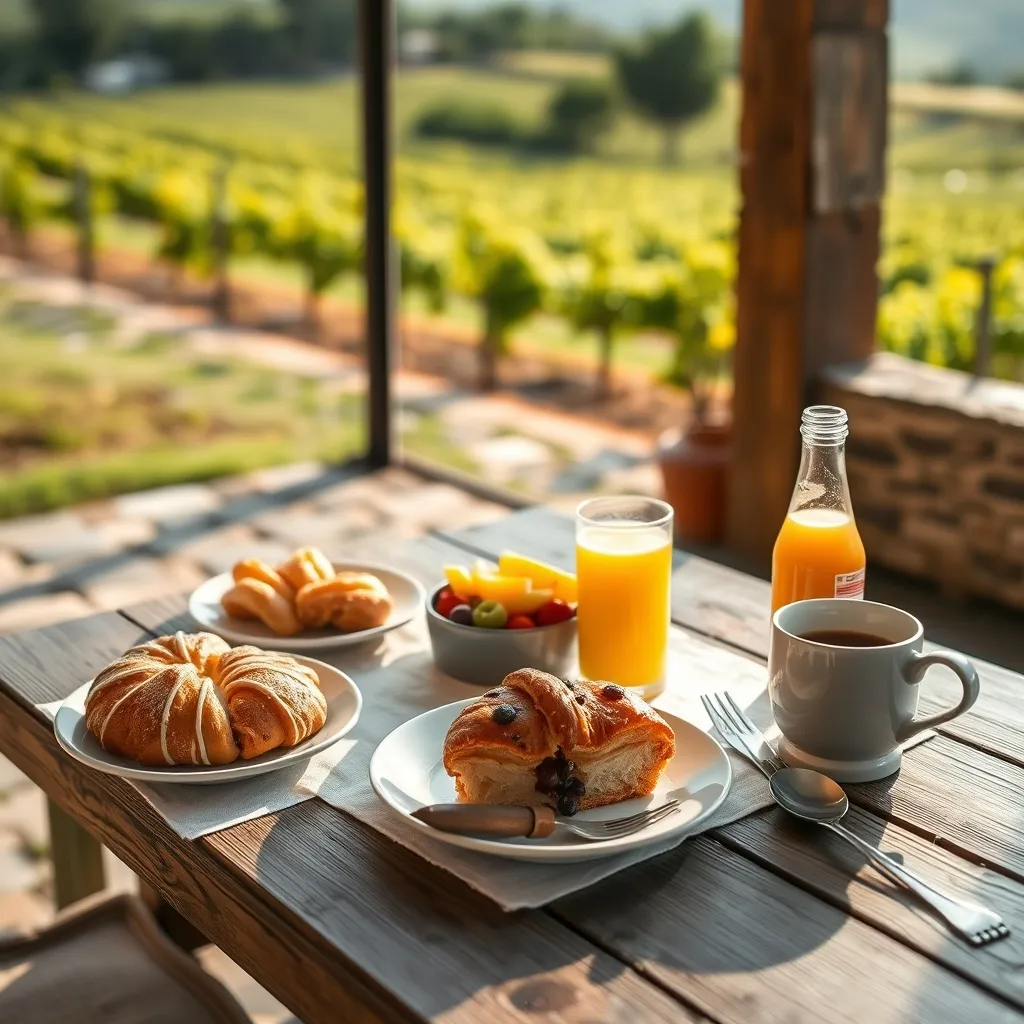 Petit-déjeuner servi en terrasse avec vue sur les vignes, une signature des chambres d'hôtes locales