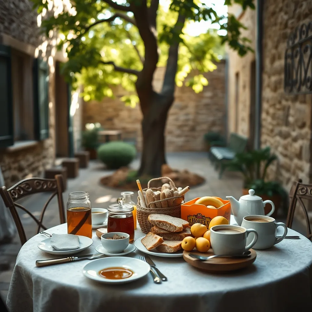 Petit-déjeuner servi dans la cour intérieure d'une chambre d'hôtes uzétienne avec produits du terroir gardois