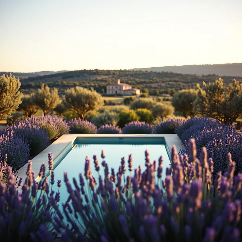 Piscine entourée de lavandes dans un mas de la campagne gardoise près d'Uzès