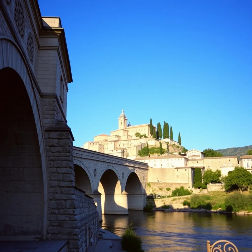Vue sur le pont romain et la cité médiévale de Vaison-la-Romaine depuis les berges de l'Ouvèze