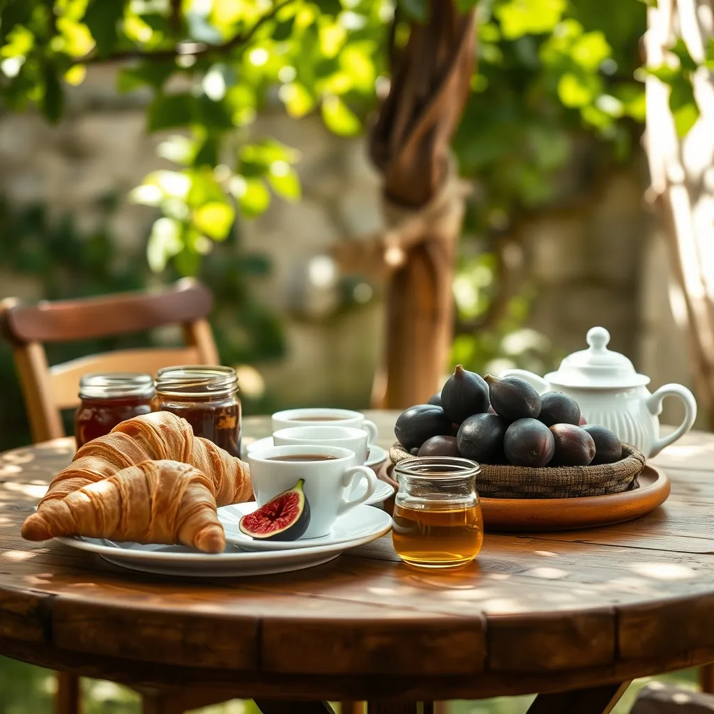 Petit-déjeuner provençal servi en terrasse avec produits locaux et confitures maison