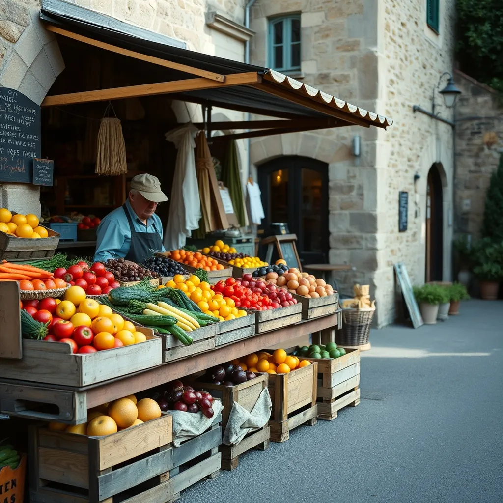 Un étal de fruits et légumes au marché d'un village de campagne