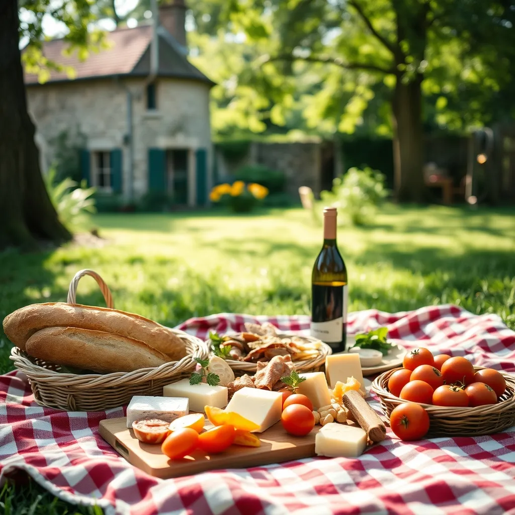 Pique-nique improvisé dans le jardin du gîte avec les produits du marché