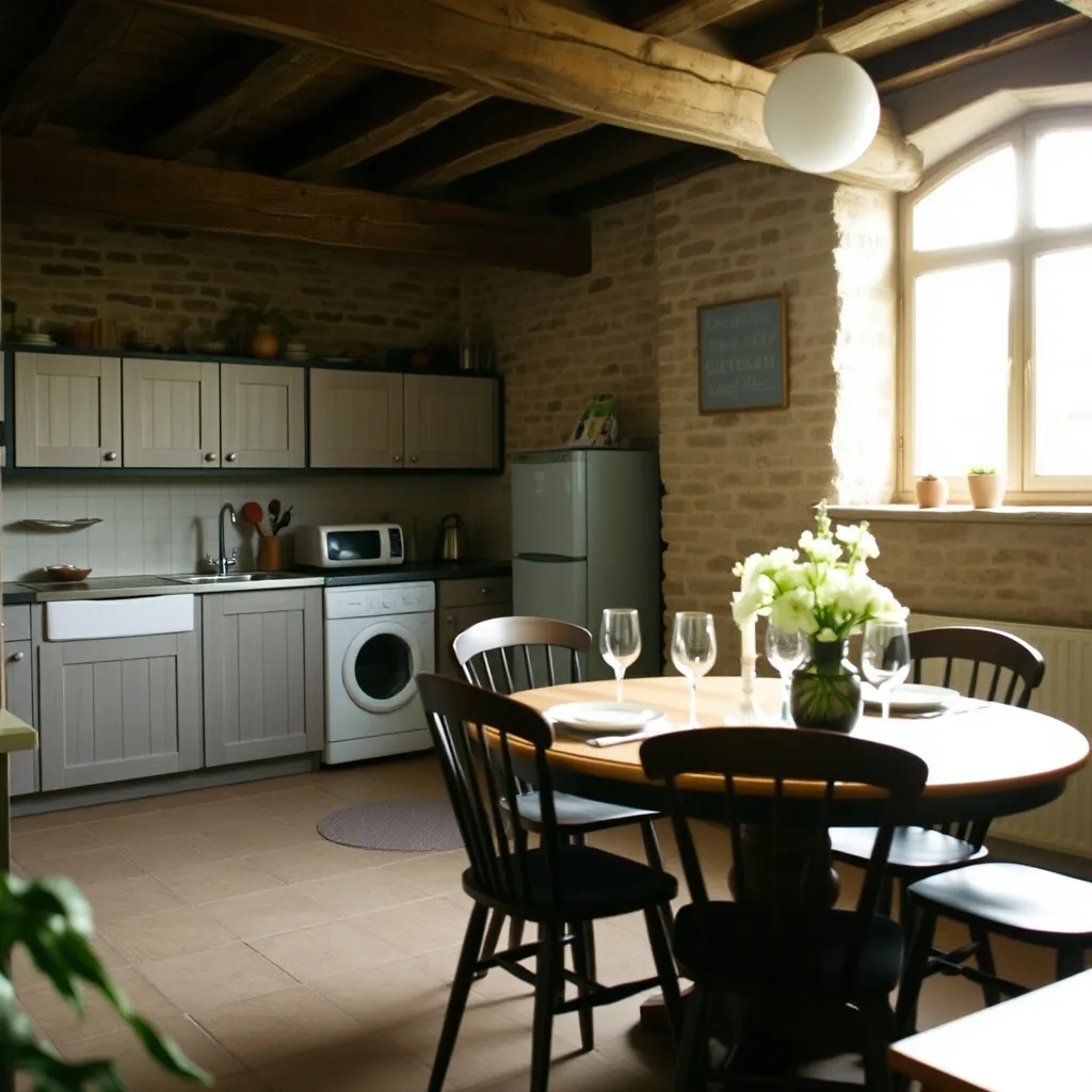 L'intérieur d'un gîte rural rénové avec cuisine équipée et poutres apparentes