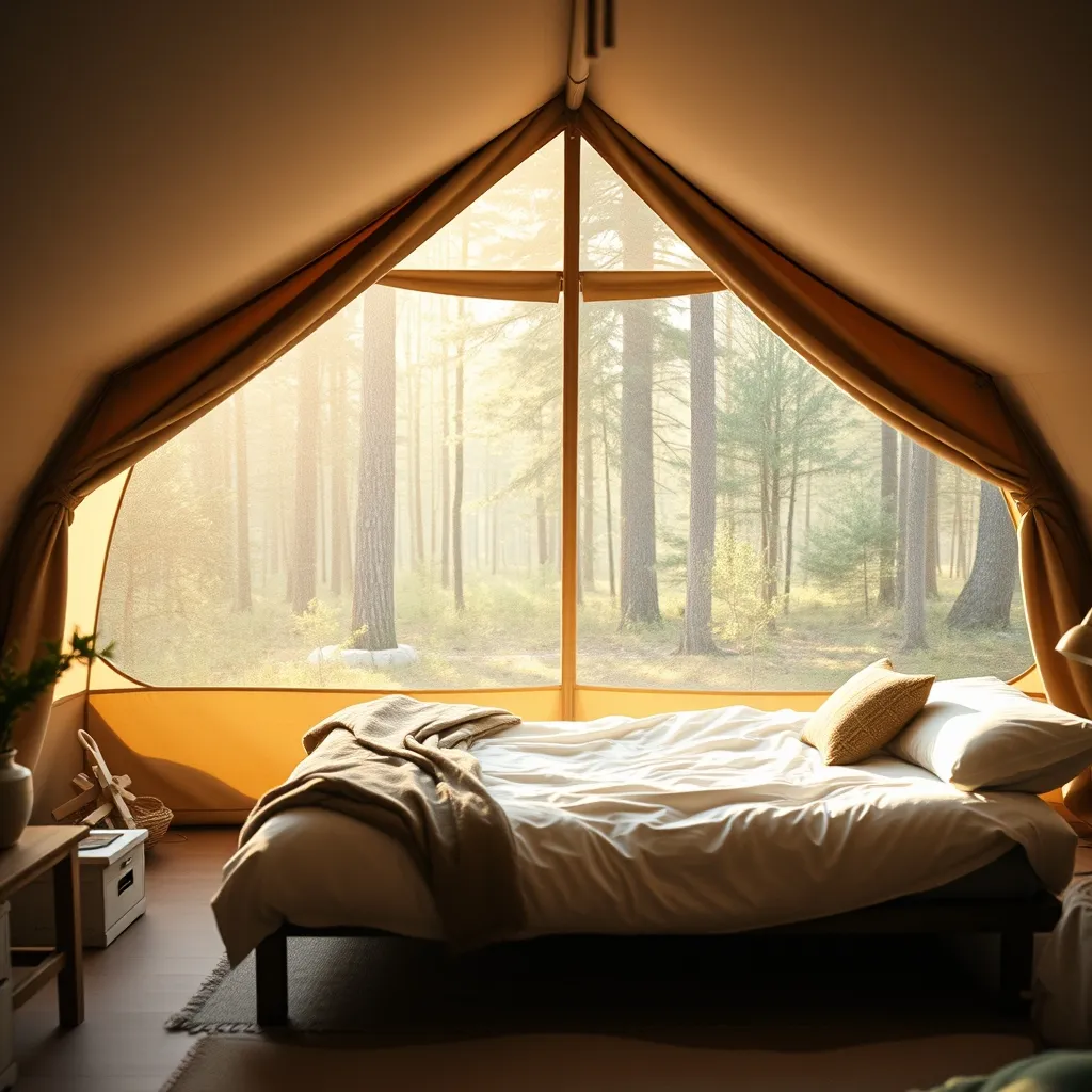 Intérieur d'une tente lodge haut de gamme ouverte sur la forêt