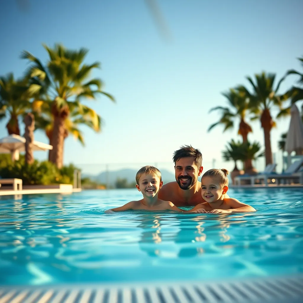 Famille profitant de la piscine chauffée d'un camping 5 étoiles dans le Sud