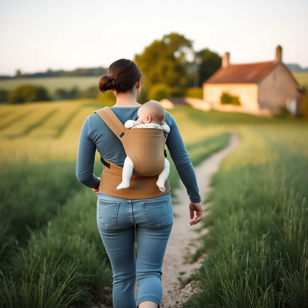 Balade en porte-bébé sur un chemin de campagne près du gîte