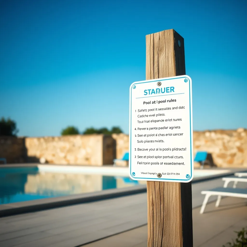 Affichage du règlement intérieur de la piscine près du bassin d'un gîte