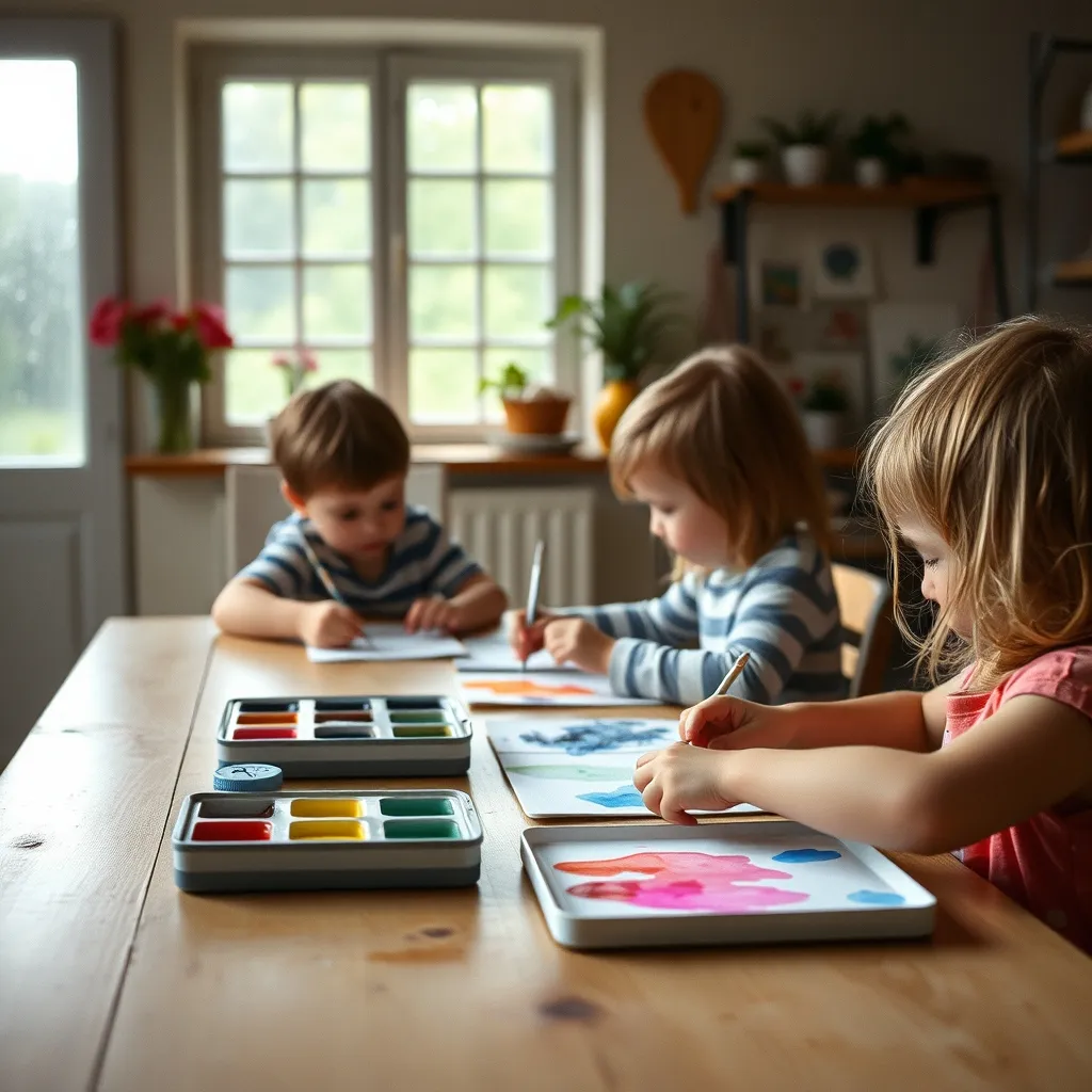 Atelier peinture improvisé dans la cuisine d'un gîte pendant une journée pluvieuse