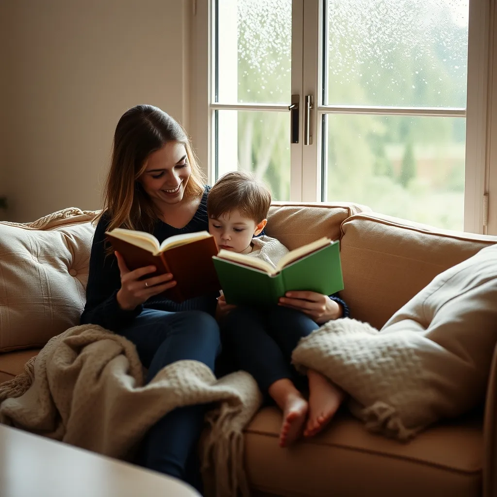 Moment de lecture partagé sur le canapé du gîte, couverture et coussins inclus