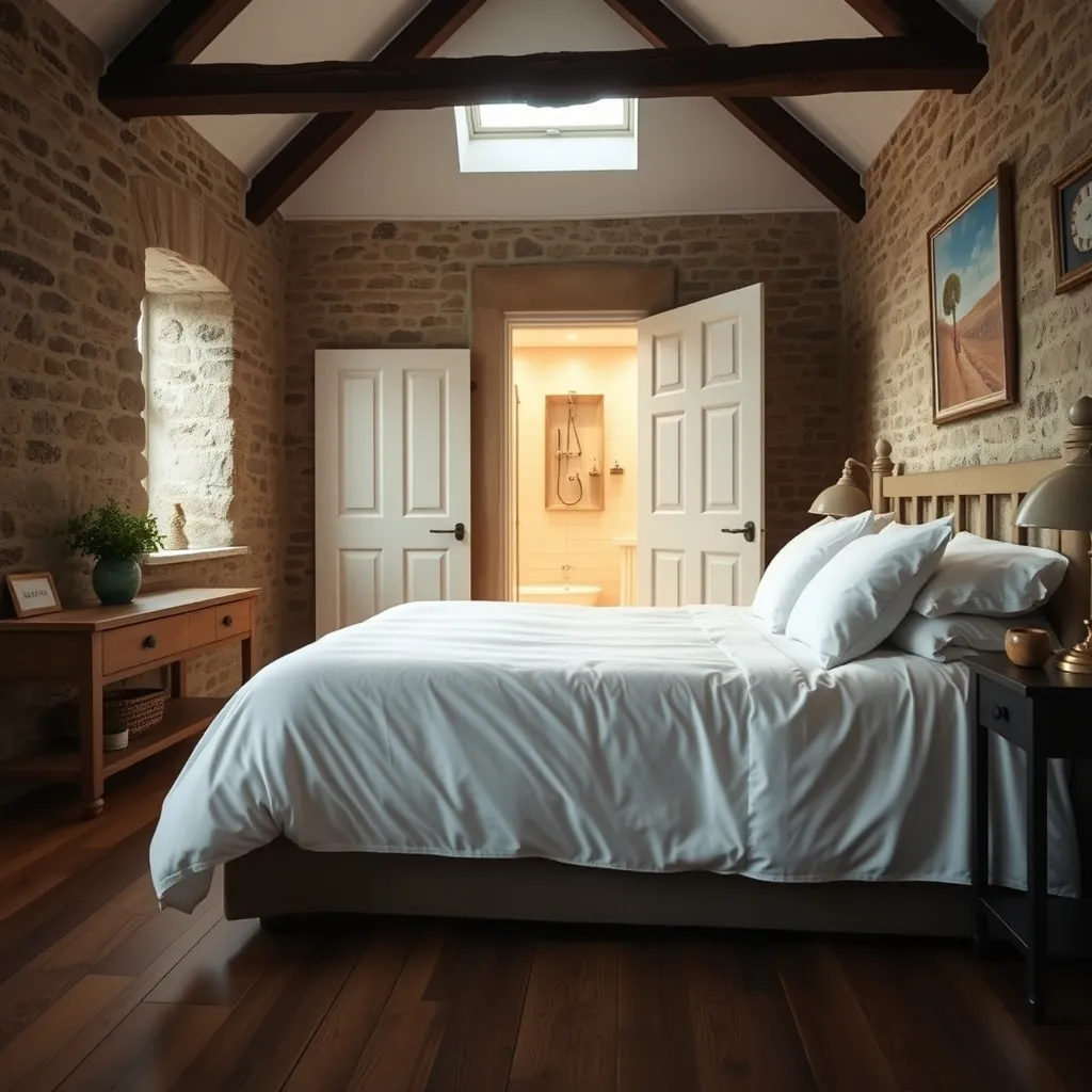 Chambre d'un gîte classé 4 épis avec literie haut de gamme et salle d'eau moderne