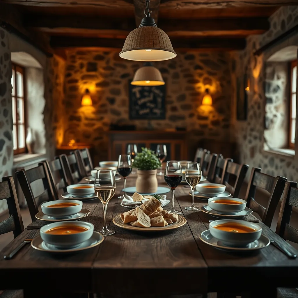 La table du dîner collectif dans un gîte d'étape, moment de convivialité entre randonneurs