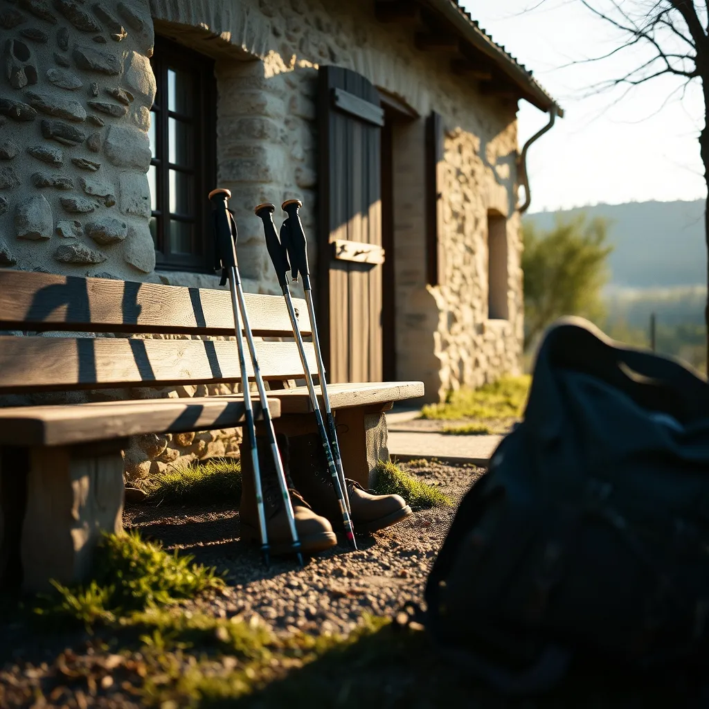 Pause bien méritée devant le gîte d'étape après une journée de marche sur le sentier