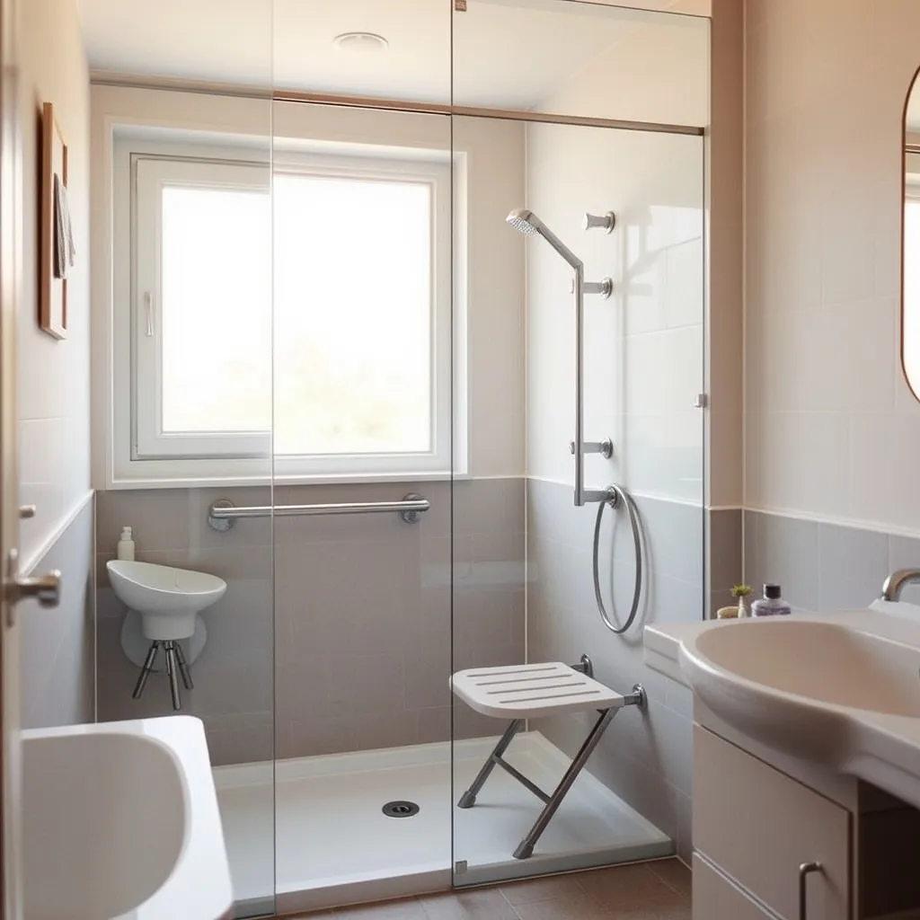 Salle de bain adaptée avec douche à l'italienne et barres d'appui dans un gîte labellisé