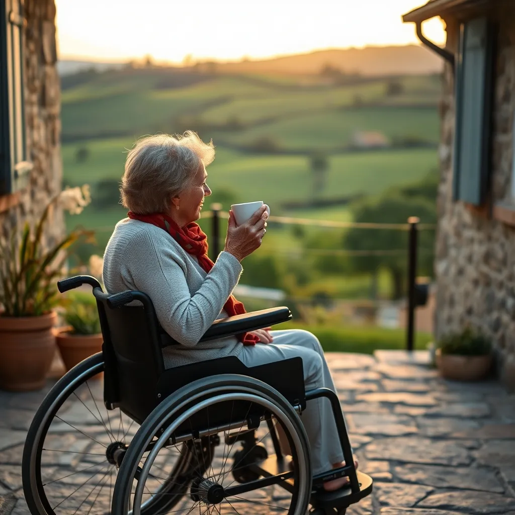 Voyageuse en fauteuil roulant profitant de la terrasse accessible d'un gîte rural