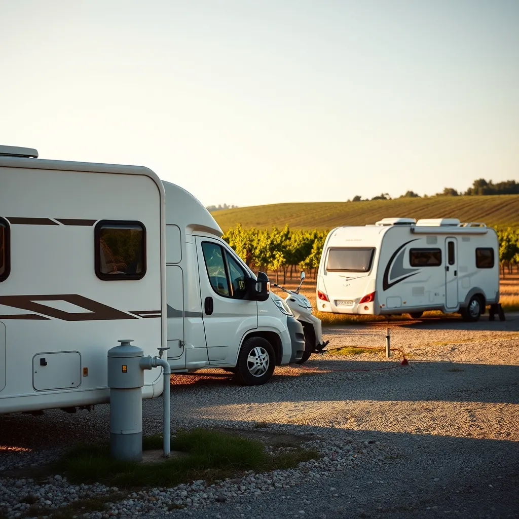 Deux camping-cars installés sur une aire de service dans un domaine viticole
