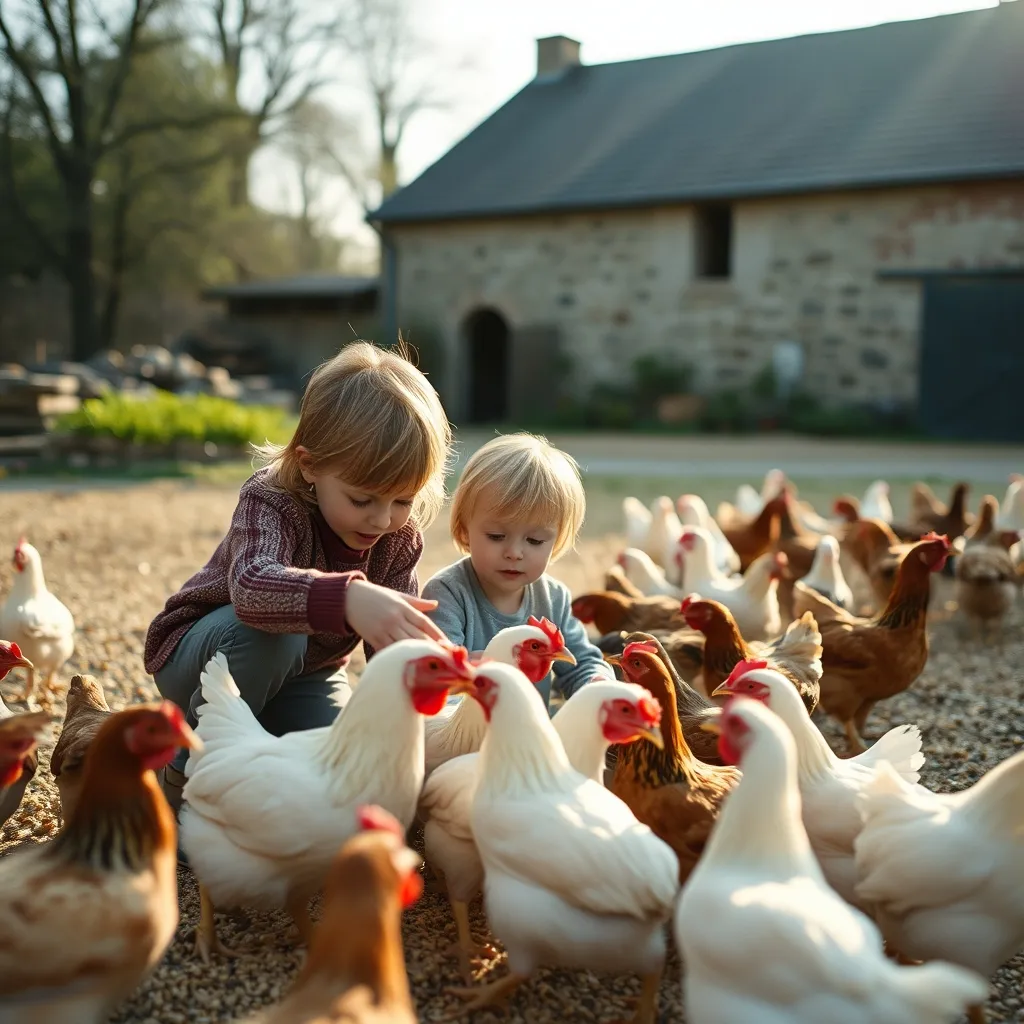 Les enfants participent au nourrissage des poules, un moment fort du séjour en camping à la ferme